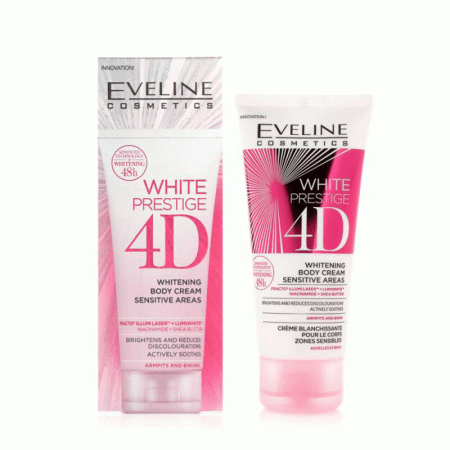 کرم سفید کننده بدن و زیر بغل و بیکینی اولاین Eveline Cosmetics White Prestige 4D Whitening Body Cream Sensitive Areas100ml