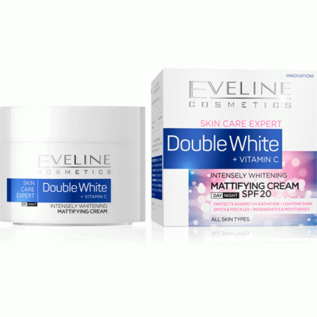کرم مات کننده و سفید کننده ویتامین C دبل وایت روز و شب اولاین Eveline Skin Care Expert Double White Vitamin C Intensely Whitening Mattfying Day and Night Cream 50ml