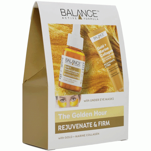 ست 3 عددی سرم دور چشم و سرم صورت و ماسک دور چشم گلد کلاژن بالانس (Balance Active Formula The Golden Hour Gift Set (Gold + Marine Collagen Serum Under Eye Masks & eye serum